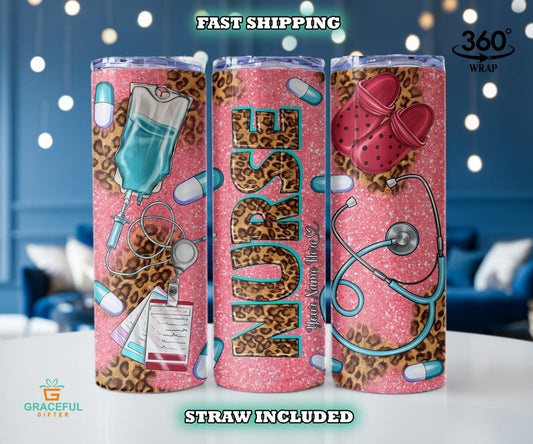 Leopard Glitter Nurse Tumbler